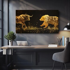bull & bear digital prints, stock market art, wall... Bull Vs Bear Gold Stock Market Art, Wall Street Canvas Painting, Luxury ...
