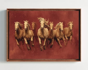 Seven Gold Horses Vastu Canvas Art – Mocha Sunrise Equine Painting