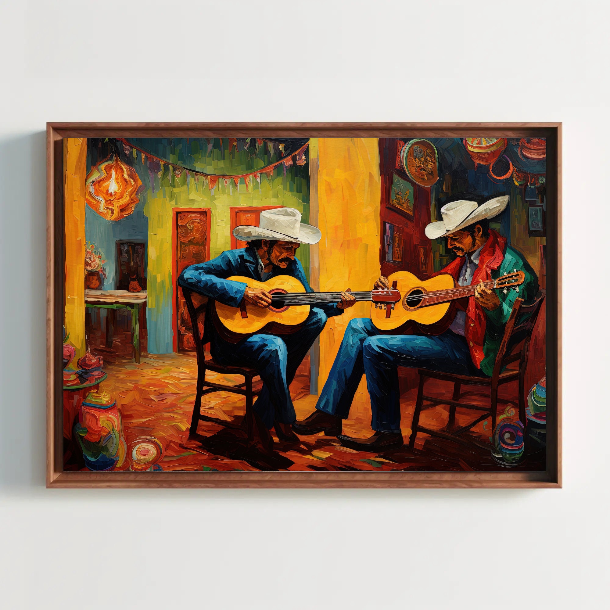 絵画 70s Mexican pair art Mariachi Two Mexican Guitarist Art Print, Mexican Decor