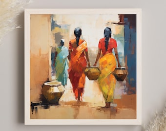 May include: A framed oil painting depicting three figures walking away from the viewer in a warm-toned setting. The figures wear vibrant orange, yellow, and light blue garments and carry large, rounded brown vessels in their hands.