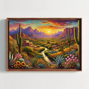 Mexican Landscape with Cacti and Sunset Canvas Print | Vibrant Oil Painting | Mexican Wall Art | Rustic Desert Decor, Living Room
