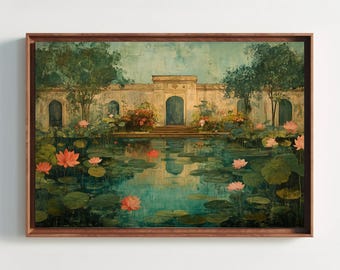 Mughal Lotus Garden Canvas Print | Teal & Peach Indian Palace Wall Art