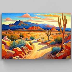 Mexican Desert Landscape Painting, Vibrant Artwork for Home Decor, Colorful Wall Art for Living Room, Ethnic Art Prints, Mexican Art