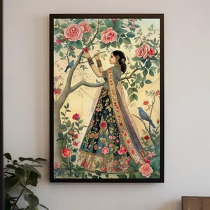 Indian Queen in Mughal Garden Canvas | Mughal-Inspired Bedroom Wall Tapestry | Indian Wall Art | Framed Cultural Decor for Living Room