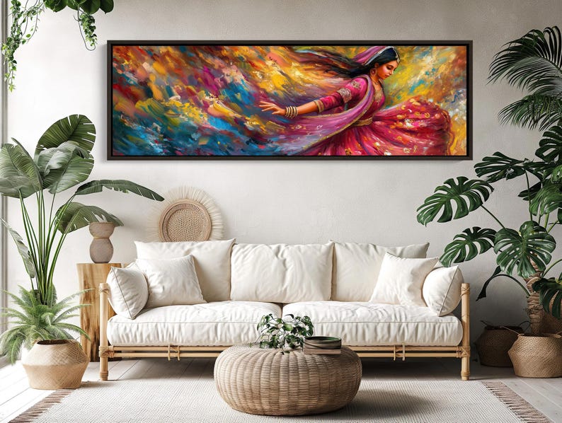 a living room with a couch and a painting on the wall
