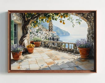 Amalfi Coast Terrace Wall Art, Italy Lemon Canvas Print, Balcony Decor