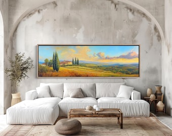 May include: A long, rectangular framed painting depicts a Tuscan landscape. The artwork showcases a villa, cypress trees, and rolling hills under a vibrant sky with clouds. The color palette includes yellows, greens, blues, and oranges.