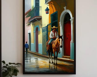 May include: A framed art print depicts a vibrant street scene. A cowboy on horseback rides down a cobblestone street lined with colorful buildings. The artwork features a red door, a lantern, and a person walking in the distance.