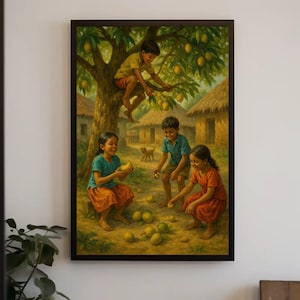 Indian Village Children Mango Tree Print | Rustic Cultural Wall Art