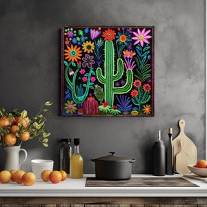 a painting of a cactus surrounded by flowers