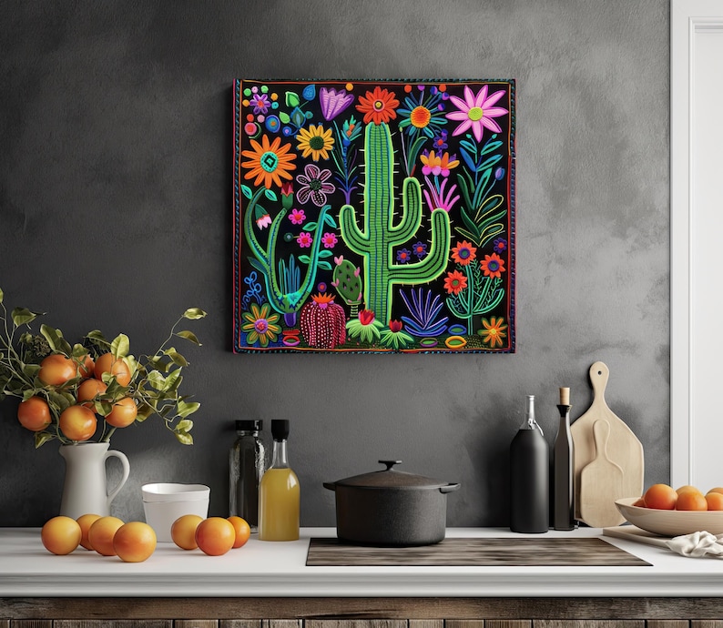 a painting of a cactus surrounded by flowers