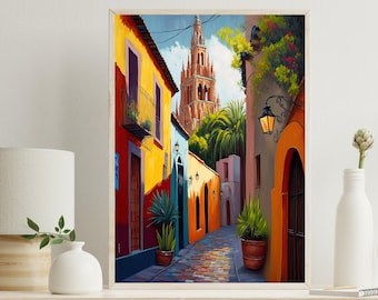 Dipinto a olio di San Miguel de Allende / Street art messicana colorata