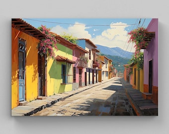 El Salvador Street Scene Canvas Print, Colorful Travel Art