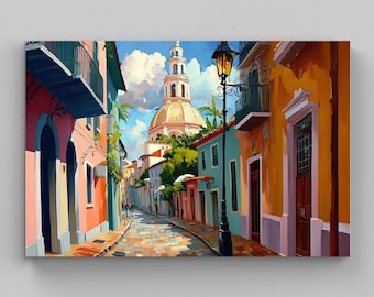May include: A colorful street scene painting featuring buildings in shades of orange, pink, and teal. A domed building is visible in the background. A black lamppost stands on the cobblestone street.