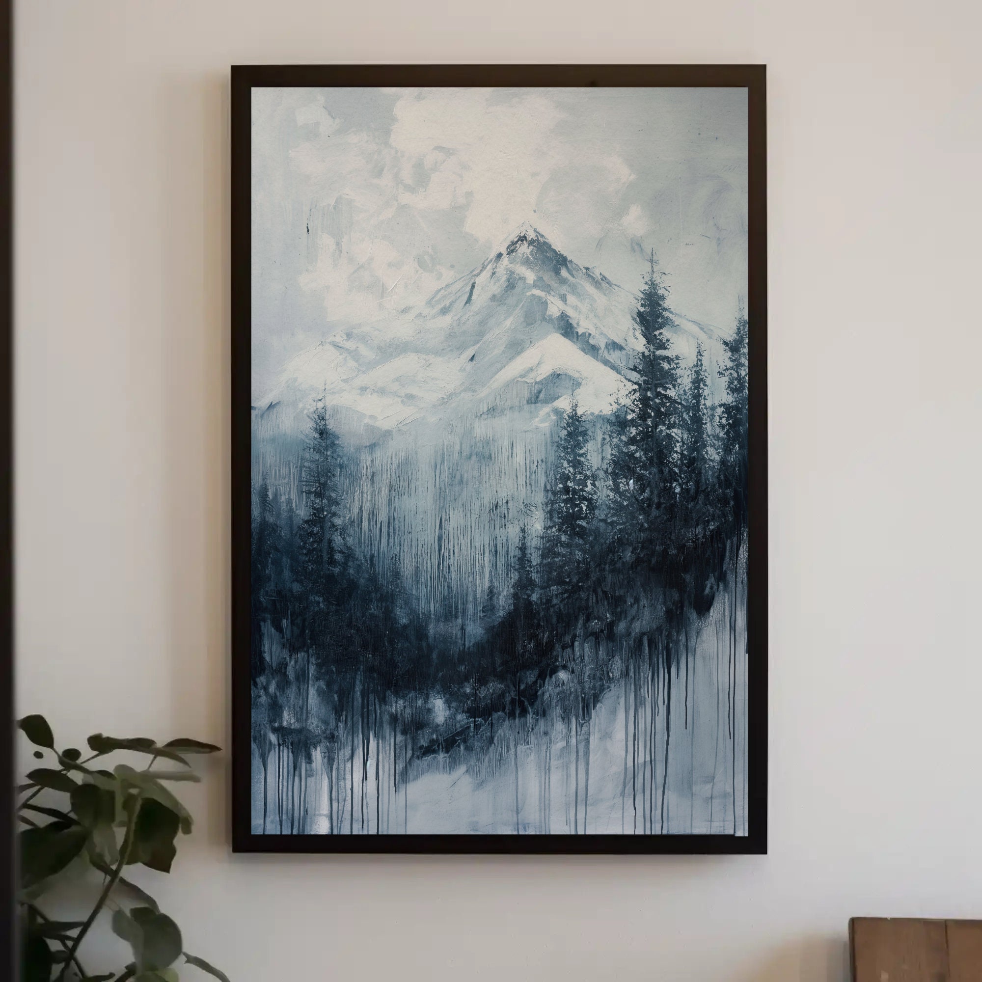 Pine Forest and Mountain Wall Art, Framed Canvas Print, Pine Trees Abstract Painting, Bedroom Nature Wall Decor, Ready to Hang