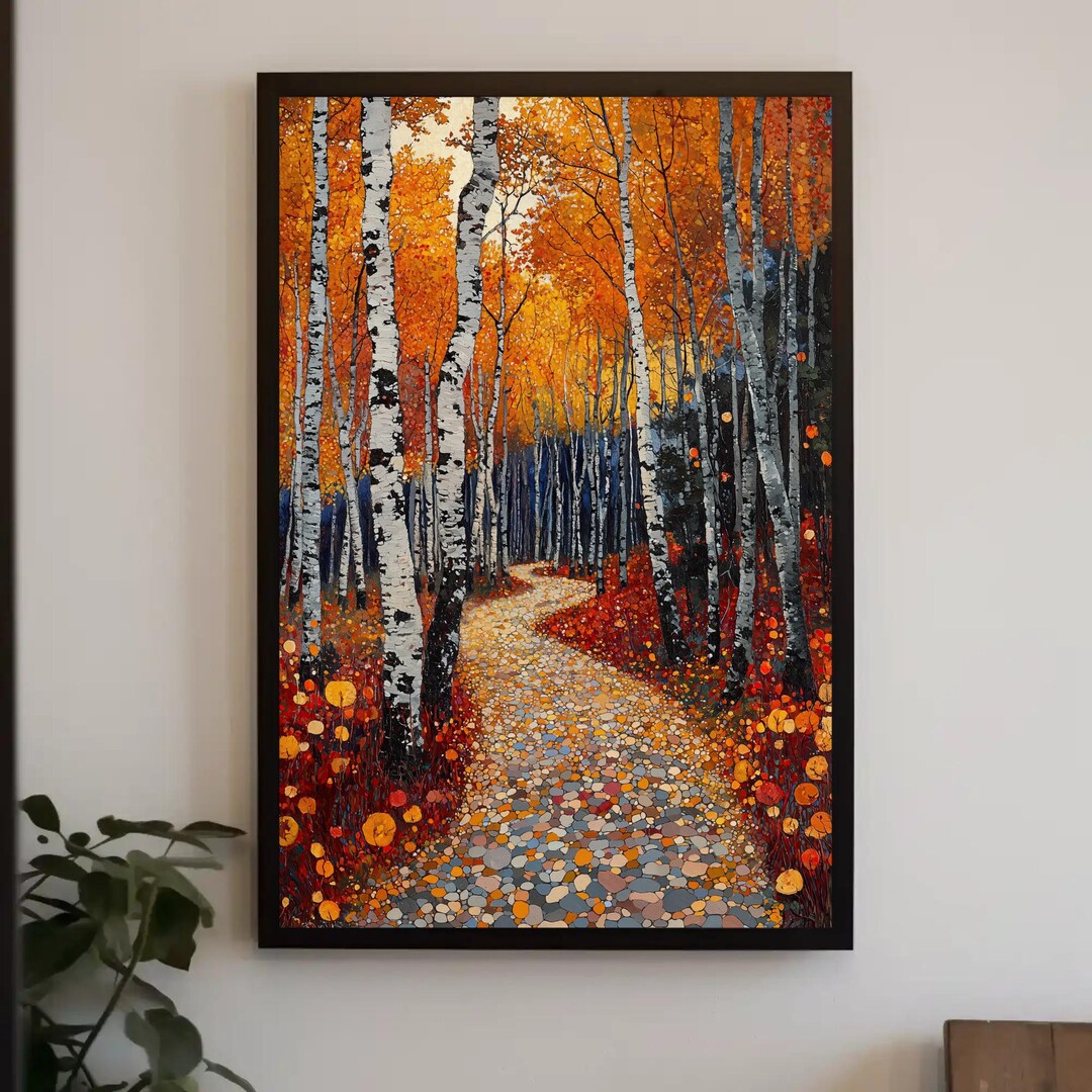 Birch Tree Path Canvas Art, Impasto Autumn Forest Landscape, Living ...