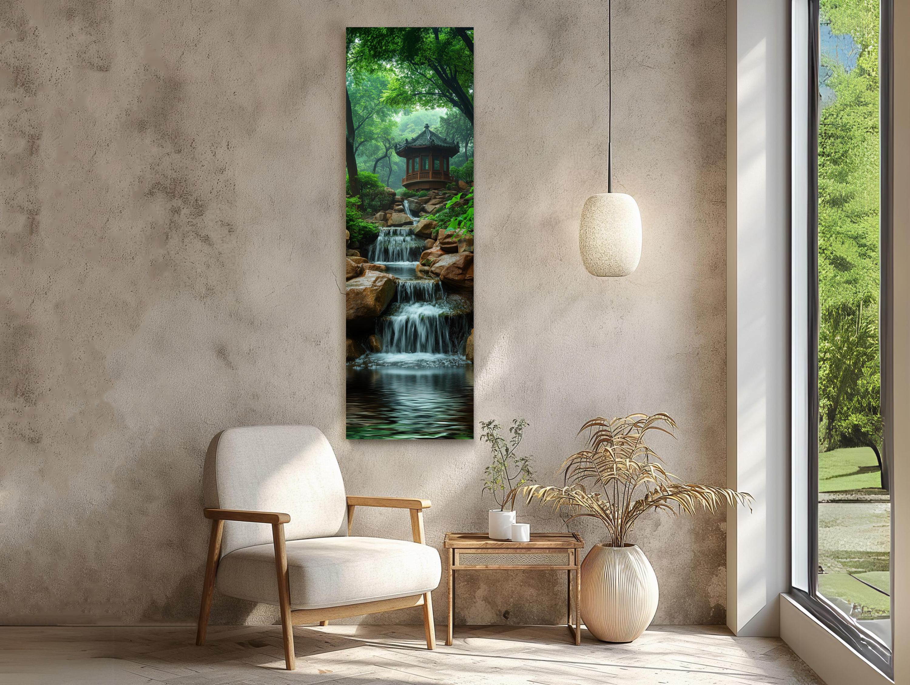 Japanese Pagoda Waterfall Wall Art, Zen Garden Canvas Print, Tall ...