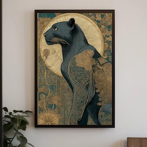 Art Deco Panther Canvas Print, Gold Floral Geometric Teal Cat Wall Art
