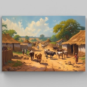 Indian Rural Scene Artwork, Rural Indian Art, Village Scene Print, South Asian Artwork, Indian Countryside, Indian Home Decor