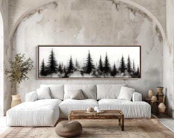May include: A panoramic wall art piece featuring a black and white ink wash style illustration of a dense pine forest. The artwork depicts multiple evergreen trees of varying heights emerging from a thick, misty fog, framed in a thin wooden border.
