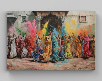 Puede incluir: Una pintura que representa a un grupo de personas con ropa tradicional colorida celebrando con nubes de polvo vibrante rosa, amarillo, verde y azul. La escena se desarrolla frente a un edificio de piedra con columnas y arcos arquitectónicos.