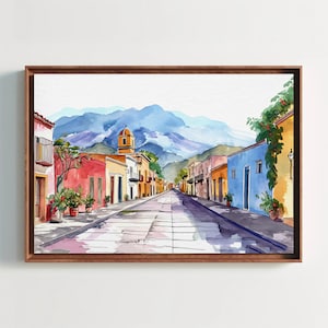 Streets of Mexican Town Watercolor Wall Art, Minimalist Large Canvas Decor, Mexican Wall Decor, Mexican Art, Framed Poster Ready To Hang