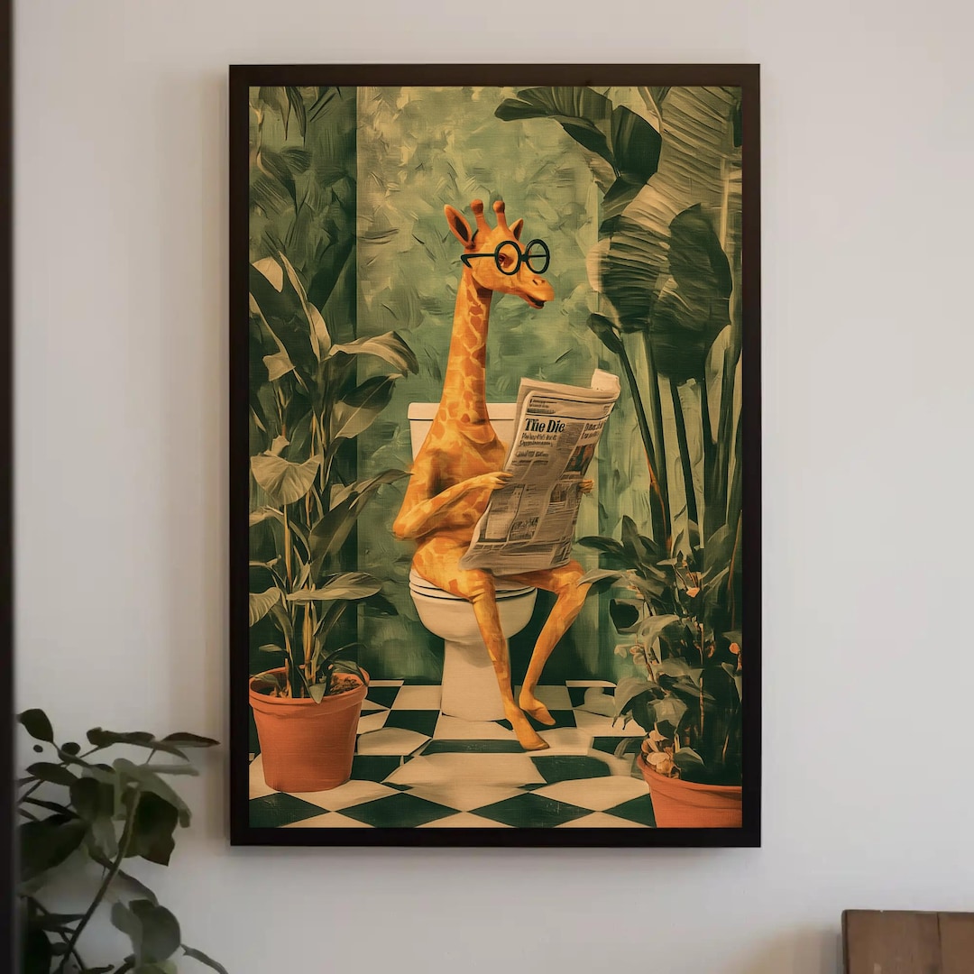 Funny Giraffe on Toilet Canvas Print - Quirky Bathroom Wall Art ...