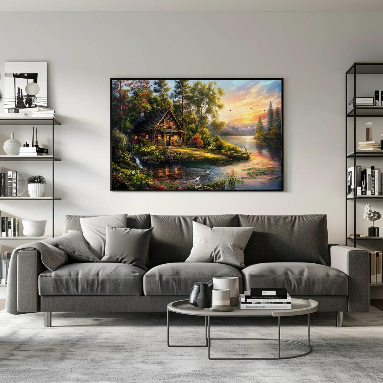 Riverside Cabin Canvas Print, Scenic Landscape Framed Wall Art - Etsy