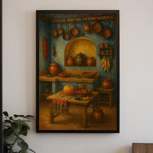 Rustic Mexican Kitchen Canvas Print | Traditional Clay Pots Wall Art | Warm Colorful Country Home Decor | Southwest Rustic Farmhouse Artwork