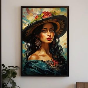 Impresión en lienzo de mujer mexicana, retrato con sombrero floral, arte mural hispano