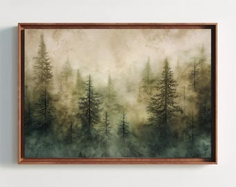 Pine Tree Forest Canvas Print, Framed Watercolor Painting, Scenic Wall Decor