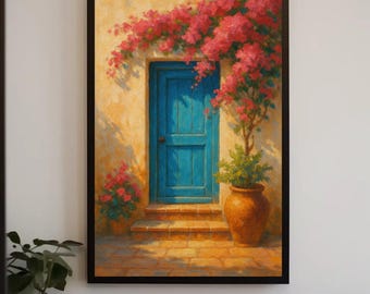 Blue Door Canvas Print – Mediterranean Bougainvillea Wall Art