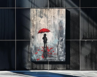 Puede incluir: Una pieza de arte mural rectangular que presenta la silueta negra de una persona bajo un paraguas rojo brillante. El fondo es una composición abstracta texturizada de gotas de pintura gris, blanca y negra con acentos rojos en el suelo.