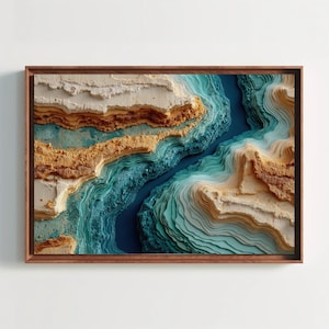 Abstract Topographic Map Art Print, Layered River Canyon Wall Decor, Coastal Teal Blue Beige, 3D Felt Texture Landscape, Nature Office Art