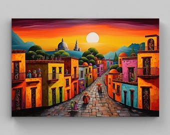 May include: A vibrant painting of a cobblestone street lined with colorful yellow, orange, pink, and blue buildings under a bright sunset sky. Figures in hats walk along the path, while distant domed structures sit atop rolling green hills.