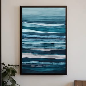 Grey and blue painting, abstract wall art,  teal and navy strip painting, oceanic, beach house wall decor, cottage wall art, navy blue