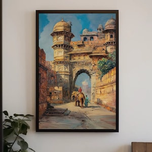 Indian Fort Wall Art, Indian Oil Painting, Vintage Indian Landscape, Mahal Door Canvas Print, India Wall Decor, Indian Painting