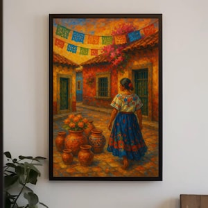 Colorful Mexican Village Wall Art | Vibrant Woman Walking Canvas Print | Rustic Street Scene Oil Painting | Cultural Home Decor Artwork