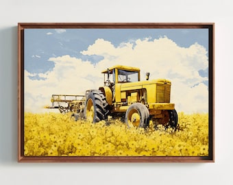 Farm Tractor in a Mustard Field Painting, Tractor Wall Art, Farm Field Print, Farmhouse Large Canvas, Ready To Hang