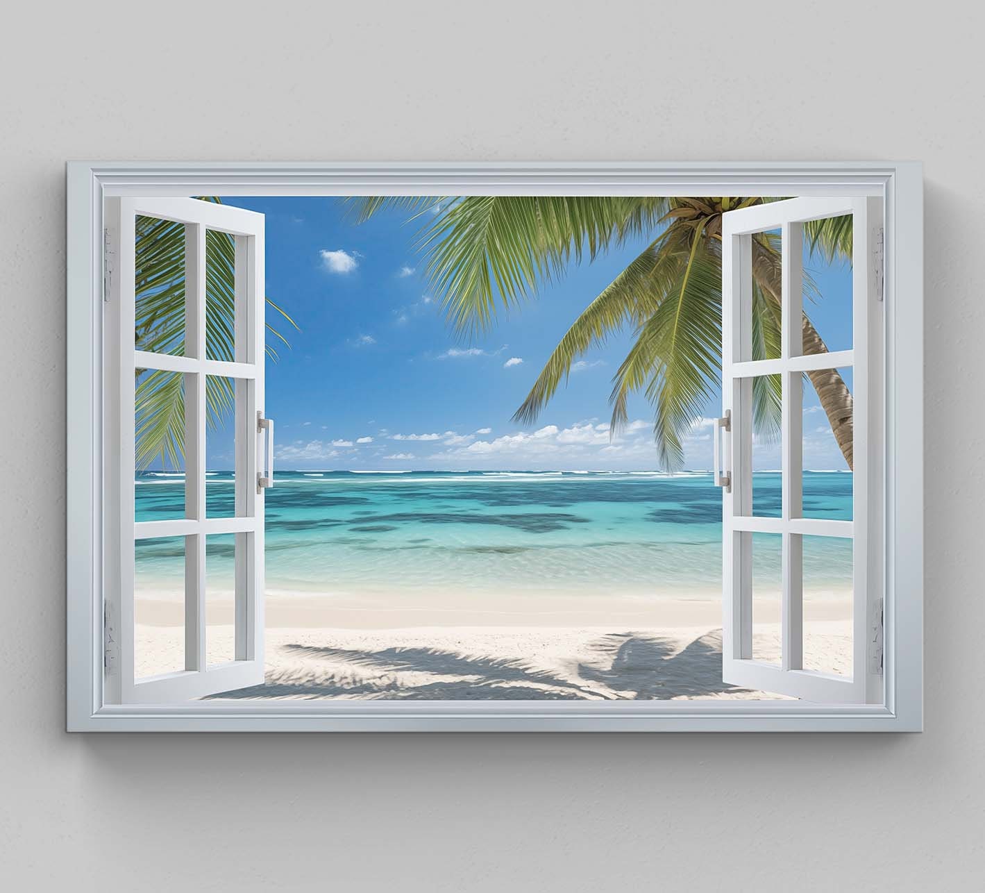 Caribbean Beach Palm Trees Window View Canvas Print, Tropical Wall Art, Coastal Home Decor, Scenic Beach Print for Relaxing Ambiance