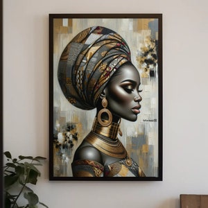 The Golden Adorned Portrait on Canvas, African American Framed Poster, Black Art, African Artwork, Black Art, Gift for Her, Ready to Hang