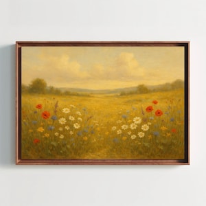 Wildflower field canvas print floral countryside painting rustic summer meadow wall art for living room cottagecore nature decor