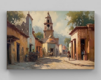 Mexican Village Landscape Painting, Colorful Home Decor Wall Art