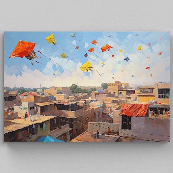 India Kite Festival Colorful Painting, Pakistani Wall Art, Desi Painting, Kids flying Kite on the roof, Indian Art Home Decor, Indian Print