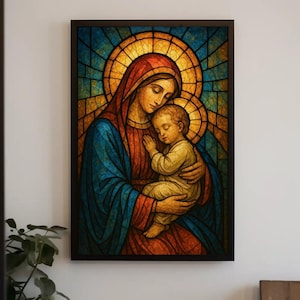 聖母マリアと幼子イエスのステンドグラス画カトリックの壁画宗教的な