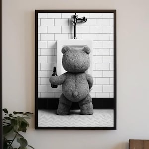 Funny Teddy Bear Beer Canvas Print, Humorous Bathroom Bar Decor