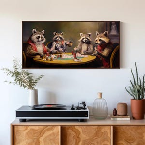 Poker Raccoon Framed Canvas, Whimsical Casino Decor, Man Cave Art