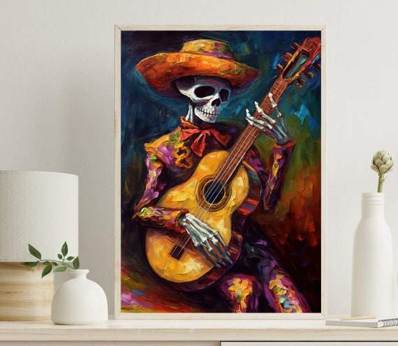 Mexican Cowboy Skeleton Guitarist Art Print Mariachi Guitarist