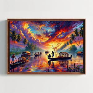 The Fishermen of Kerala Canvas Print | Traditional Indian Oil Painting | South Indian Wall Art for Living Room or Bedroom | Ready to Hang