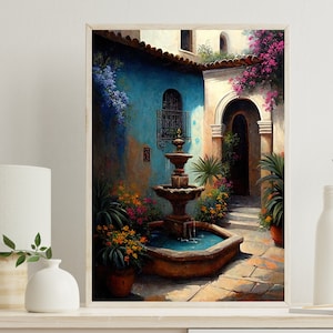 Mexican Garden Painting Vertical, Canvas Mexican Courtyard Art, Wall Art Decor, Colorful Art Print, Mexican Art, Mexican Decor, Home Decor